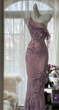 Ndyad Light Purple One Shoulder Bodycon Beading Chiffon Prom Dress Vintage Glitter Evening Gown HZ1024