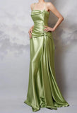 Evafashion Y2k Green Sheath Spaghetti Strap Satin Prom Dress Elegant Evening Gown for Birthday HZ1024