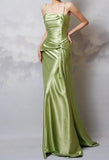 Evafashion Y2k Green Sheath Spaghetti Strap Satin Prom Dress Elegant Evening Gown for Birthday HZ1024