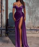 Ndyad Beaded Mermaid Satin Off Shoulder Long Prom Dress Evening Gown with Slit HZ1024