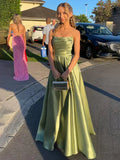 Ndyad Sage Green Satin A-line Long Prom Dress With Slit Strapless Evening Dress HZ1024