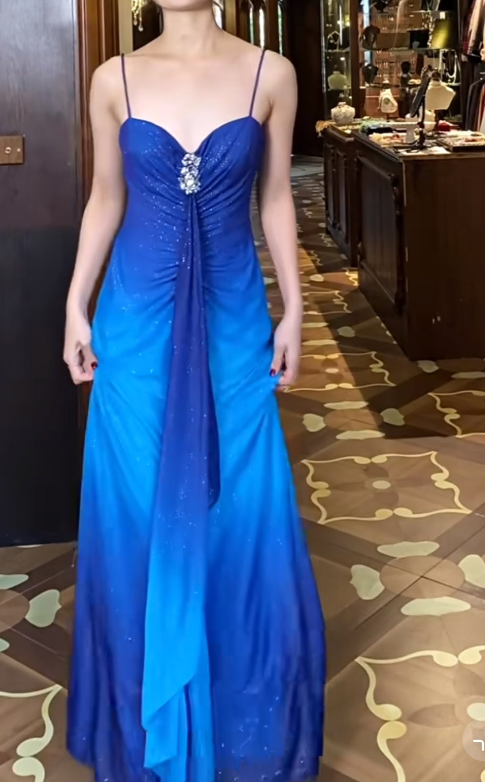 Ndyad Chiffon Gradient Blue Prom Dress for Party Elegant 2000s Spaghetti Strap Evening Gown HZ1024
