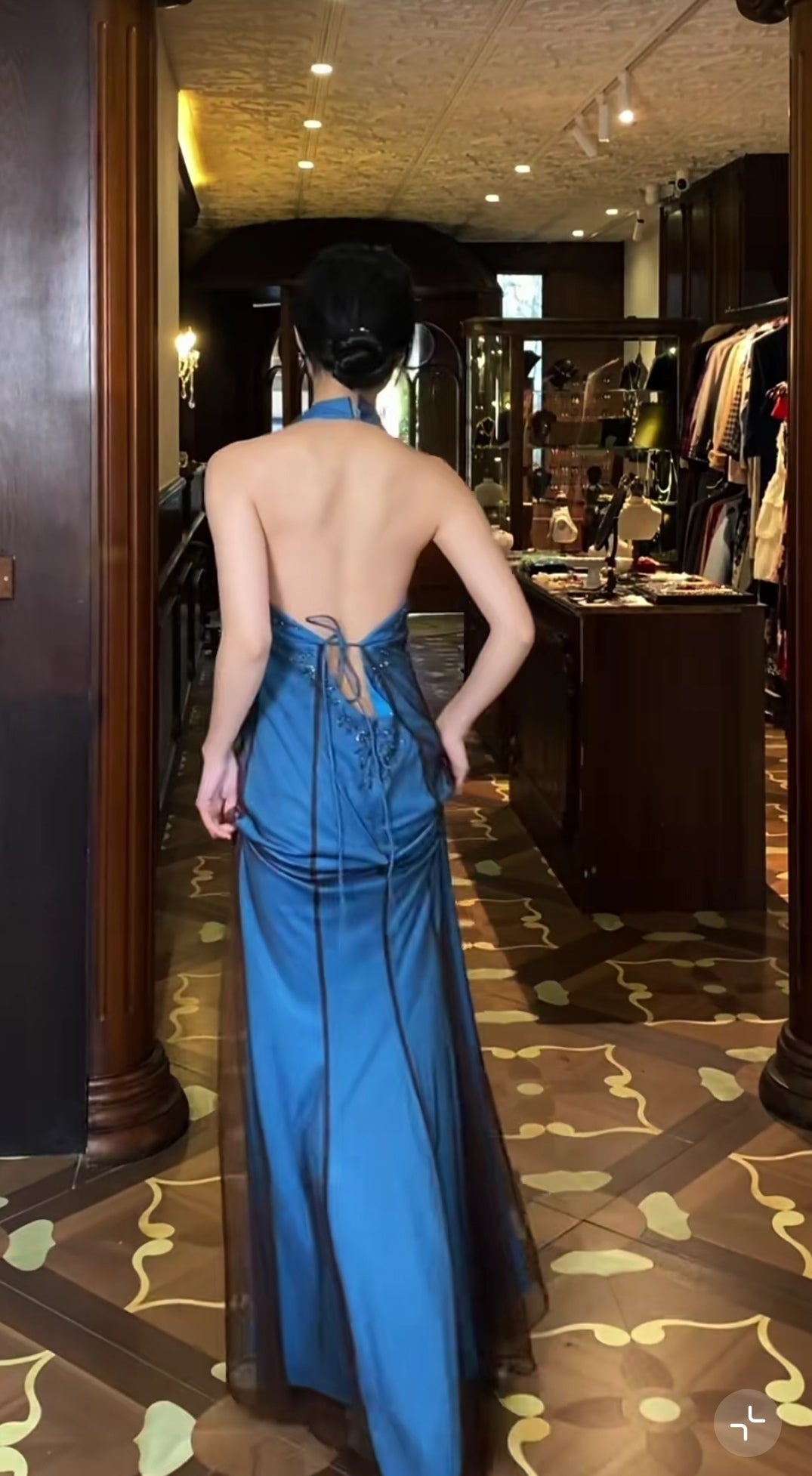 Ndyad V-neck Blue Beaded Satin Sheath Elegant Backless Chiffon Spaghetti Strap Long Evening Gown HZ1024