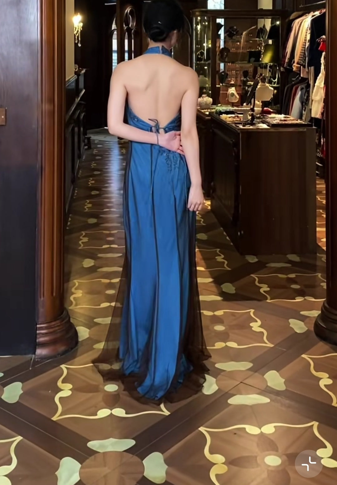 Ndyad V-neck Blue Beaded Satin Sheath Elegant Backless Chiffon Spaghetti Strap Long Evening Gown HZ1024