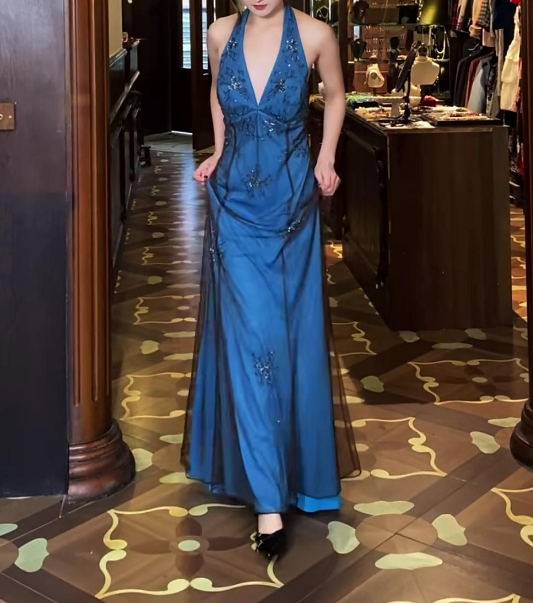 Ndyad V-neck Blue Beaded Satin Sheath Elegant Backless Chiffon Spaghetti Strap Long Evening Gown HZ1024