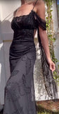Ndyad Black Spaghetti Strap Chiffon Beaded Long Prom Dress Vintage Backless Party Dress HZ1024
