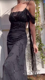 Ndyad Black Spaghetti Strap Chiffon Beaded Long Prom Dress Vintage Backless Party Dress HZ1024