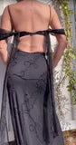 Ndyad Black Spaghetti Strap Chiffon Beaded Long Prom Dress Vintage Backless Party Dress HZ1024