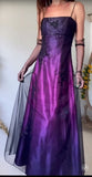 Ndyad Midnight Purple Satin Long Prom Dress Enchanted Spaghetti Strap Beading & Tulle Evening Gown HZ1024