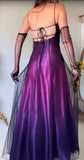 Ndyad Midnight Purple Satin Long Prom Dress Enchanted Spaghetti Strap Beading & Tulle Evening Gown HZ1024