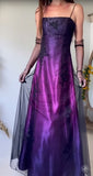 Ndyad Midnight Purple Satin Long Prom Dress Enchanted Spaghetti Strap Beading & Tulle Evening Gown HZ1024