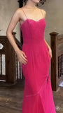 Ndyad Pink Spaghetti Strap Beaded Long Prom Dress Formal Evening Gowns HZ1024