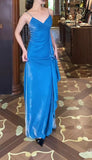 Ndyad Blue Spaghetti Strap Velvet Long Prom Dress Vintage Backless Party Dress HZ1024
