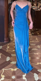 Ndyad Blue Spaghetti Strap Velvet Long Prom Dress Vintage Backless Party Dress HZ1024