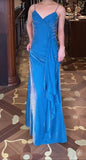 Ndyad Blue Spaghetti Strap Velvet Long Prom Dress Vintage Backless Party Dress HZ1024