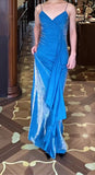 Ndyad Blue Spaghetti Strap Velvet Long Prom Dress Vintage Backless Party Dress HZ1024