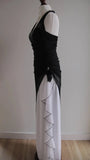 Ndyad Black Chiffon Beaded Neck Prom Dresses Elegant White Ruffle Party Dresses HZ1024