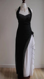 Ndyad Black Chiffon Beaded Neck Prom Dresses Elegant White Ruffle Party Dresses HZ1024