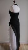 Ndyad Black Chiffon Beaded Neck Prom Dresses Elegant White Ruffle Party Dresses HZ1024