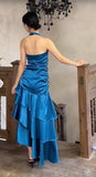 Ndyad Satin Blue Halter Prom Dresses Elegant Ruffle Backless Party Dresses HZ1024
