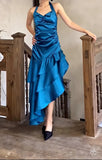 Ndyad Satin Blue Halter Prom Dresses Elegant Ruffle Backless Party Dresses HZ1024