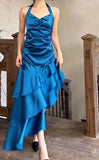 Ndyad Satin Blue Halter Prom Dresses Elegant Ruffle Backless Party Dresses HZ1024