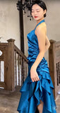 Ndyad Satin Blue Halter Prom Dresses Elegant Ruffle Backless Party Dresses HZ1024