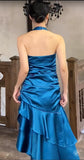 Ndyad Satin Blue Halter Prom Dresses Elegant Ruffle Backless Party Dresses HZ1024