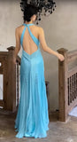 Ndyad Satin Sky Blue Halter Prom Dress Elegant Beaded Backless Evening Gowns HZ1024