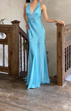 Ndyad Satin Sky Blue Halter Prom Dress Elegant Beaded Backless Evening Gowns HZ1024
