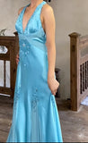 Ndyad Satin Sky Blue Halter Prom Dress Elegant Beaded Backless Evening Gowns HZ1024