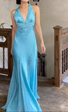 Ndyad Satin Sky Blue Halter Prom Dress Elegant Beaded Backless Evening Gowns HZ1024