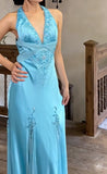 Ndyad Satin Sky Blue Halter Prom Dress Elegant Beaded Backless Evening Gowns HZ1024