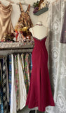 Ndyad Red Satin Lace Applique Beaded Long Prom Dress Vintage Spaghetti Straps Mermaid Gowns (Under $200) HZ1024