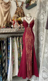 Ndyad Red Satin Lace Applique Beaded Long Prom Dress Vintage Spaghetti Straps Mermaid Gowns (Under $200) HZ1024