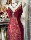 Ndyad Red Satin Lace Applique Beaded Long Prom Dress Vintage Spaghetti Straps Mermaid Gowns (Under $200) HZ1024