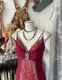 Ndyad Red Satin Lace Applique Beaded Long Prom Dress Vintage Spaghetti Straps Mermaid Gowns (Under $200) HZ1024