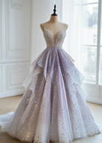 Ndyad Spaghetti Straps A-line Tulle Sequins Deep V Neck Layered Long Ball Gown Formal Evening Dress HZ1024