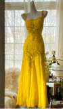 Ndyad Spaghetti Straps Apricot Beaded Chiffon Mermaid Gowns Vintage Backless Prom Dress HZ1024