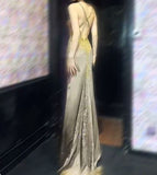 Ndyad Spaghetti Strap V-Neck Satin Beaded Long Prom Dress Shiny Beaded Backless Evening Dress HZ1024