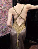 Ndyad Spaghetti Strap V-Neck Satin Beaded Long Prom Dress Shiny Beaded Backless Evening Dress HZ1024