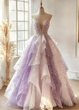Ndyad A-line Spaghetti Strap V-Neck Gradient Purple Tulle Long Prom Dresses Shiny Sequins Layered Evening Gown HZ1024