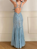 Ndyad Sky Blue Tulle Mermaid Gowns V-Neck Shiny Sequined Backless Long Prom Dresses HZ1024