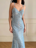 Ndyad Sky Blue Tulle Mermaid Gowns V-Neck Shiny Sequined Backless Long Prom Dresses HZ1024