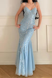 Ndyad Sky Blue Tulle Mermaid Gowns V-Neck Shiny Sequined Backless Long Prom Dresses HZ1024