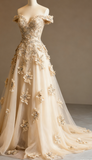 Ndyad Red A-line Off-the-shoulder Tulle Beaded Long Prom Dress Formal Applique Evening Dress HZ1024
