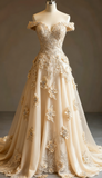 Ndyad Red A-line Off-the-shoulder Tulle Beaded Long Prom Dress Formal Applique Evening Dress HZ1024