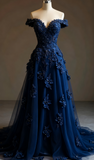 Ndyad Red A-line Off-the-shoulder Tulle Beaded Long Prom Dress Formal Applique Evening Dress HZ1024