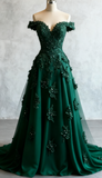 Ndyad Red A-line Off-the-shoulder Tulle Beaded Long Prom Dress Formal Applique Evening Dress HZ1024