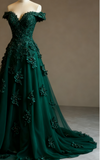 Ndyad Red A-line Off-the-shoulder Tulle Beaded Long Prom Dress Formal Applique Evening Dress HZ1024